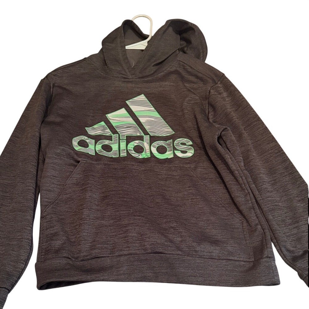 Adidas men's Heathered Grey Lime Green Graphic Logo Pullover Hoodie Sweatshirt - Picture 2 of 3